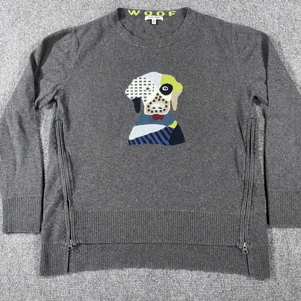 Lisa Todd Dog Sweater Medium Gray Cashmere Cotton Side Zip Art To Wear